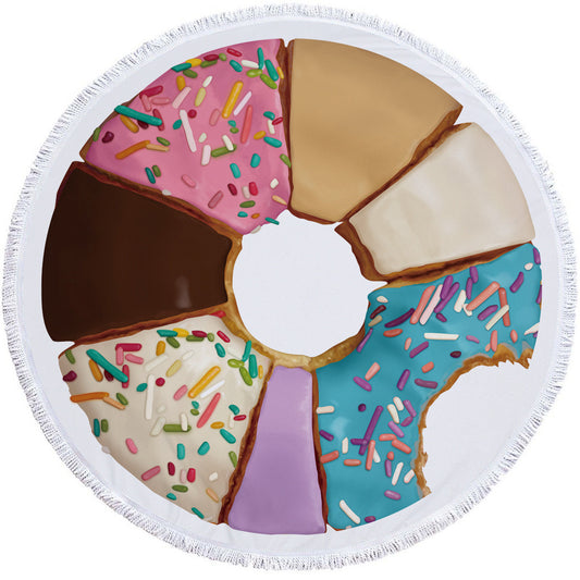 Round white microfiber beach towel with a vibrant blue and purple feather print and white fringe trim. - Image 2