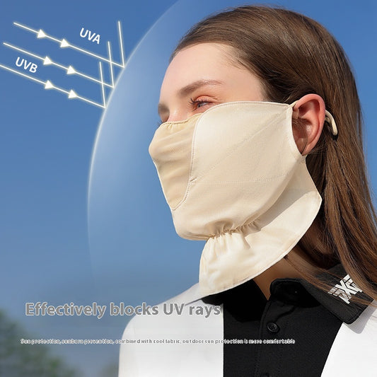 Pink chiffon sun mask with ear hooks, ruffled bottom, and mesh panel for UV protection. - Image 2