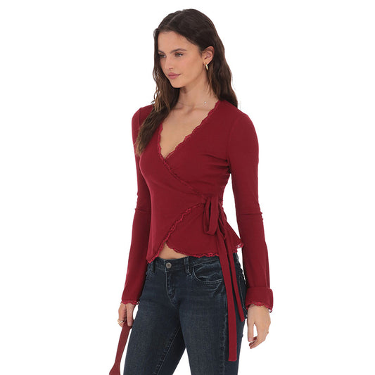Blusa Escote en V Profundo con Cruzado Frontal y Encaje - Image 2