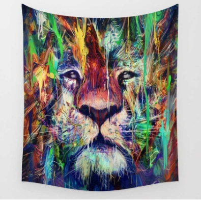 Vibrant bohemian tapestry featuring an abstract, colorful lion's face with paint splatters, suitable for wall hanging. - Image 2