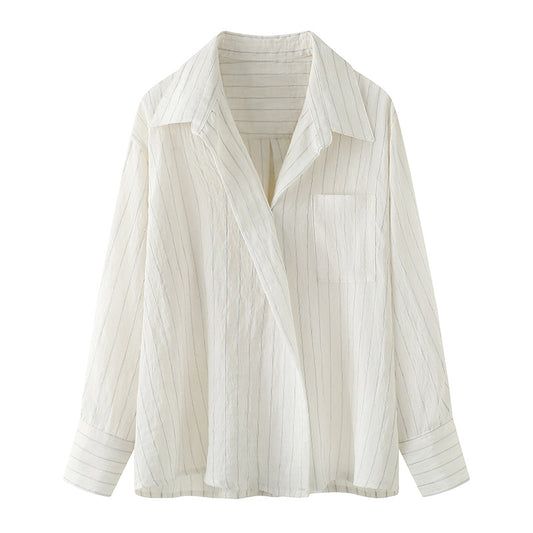 Blusa Elegante a Rayas con Bolsillos de Parche para Mujer - Colección Otoño - Image 2