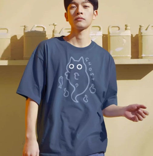 Camiseta de Algodón Puro Holgada con Diseño Fantasma Gato Transparente - Image 2