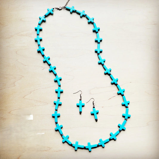 **Blue Turquoise & Wood Beaded Cross Necklace 258n