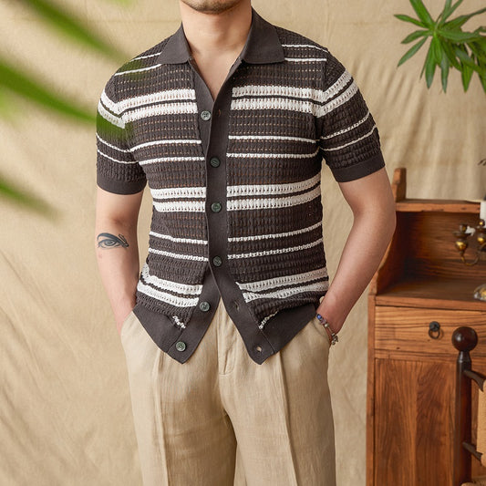 Cardigan Tipo Polo para Hombre con Rayas Veraniegas y Manga Corta - Image 2