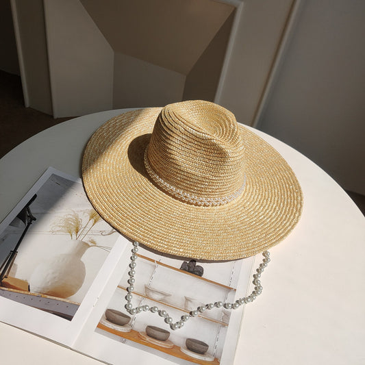Sombrero de Paja Jazz con Cadena de Perlas y Ala Ancha para Playa - Image 2