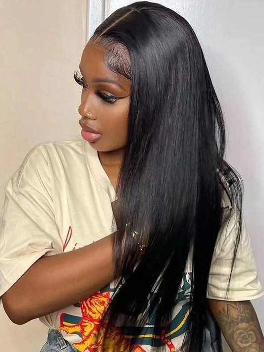 Peluca Frontal de Encaje Fibra Química Cabello Liso Negro Mediano - Image 2