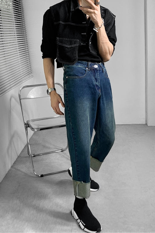 Pantalón Vaquero Azul Marino con Orilla Enrollada Bicolor - Image 2