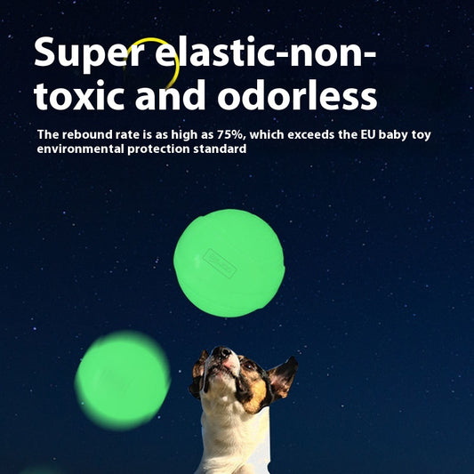 Three glowing green luminous rubber toy balls for dogs in small, medium, and large sizes, recommended for different dog breeds. - Image 2