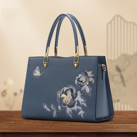 Bolso Diana de Cuero con Bordado de Peonía y Mariposa - Gran Capacidad - Image 2