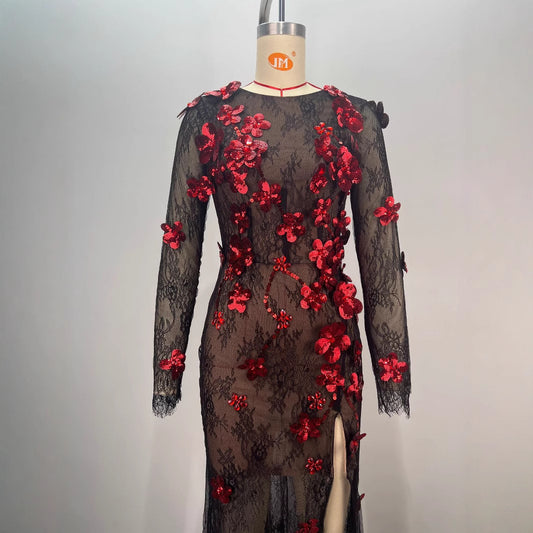 Vestido de Fiesta Elegante con Lentejuelas, Escote Redondo y Transparencias - Image 2