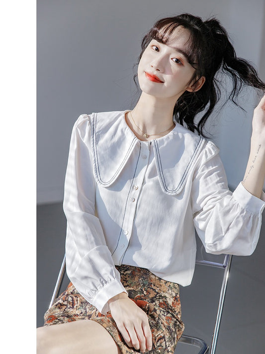 Blusa Cuello Bebé Azul Manga Larga Diseño Sofisticado para Mujer - Image 2