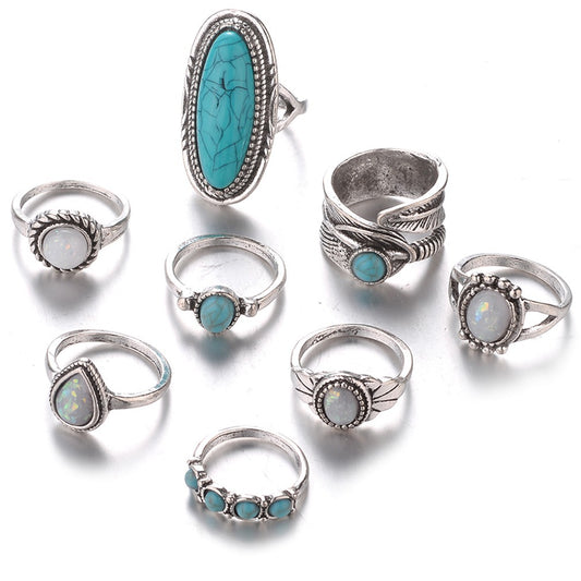 Anillo de Ocho Piezas con Gema y Hoja Geométrica - Image 2