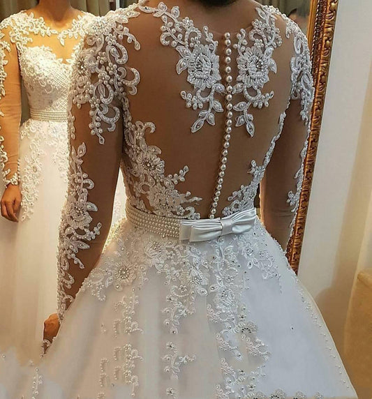 Vestido de Novia con Mangas Largas de Encaje Desmontable Estilo Europeo - Image 2
