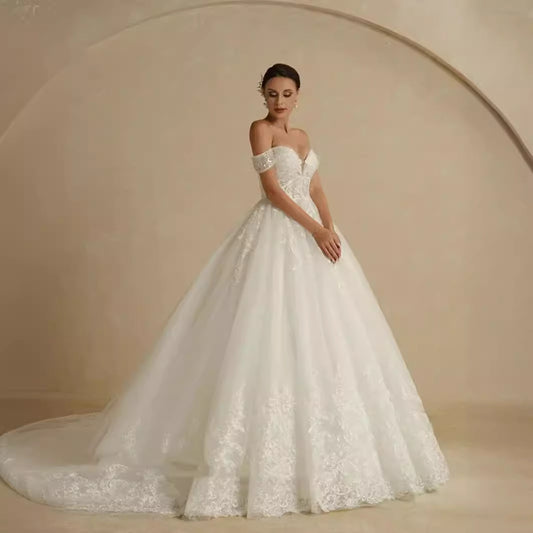 Vestido de Novia Elegante Hombros Descubiertos Estilo Corte Lujo Francés - Image 2