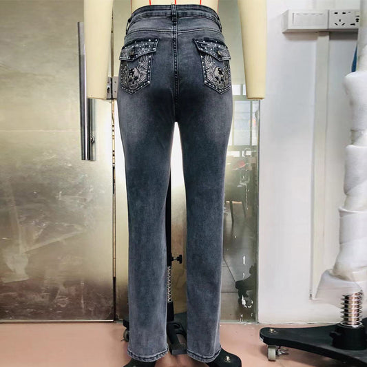 Pantalones Vaqueros Acampanados Cintura Alta Elástica con Bordado Calavera Retro para Mujer - Image 2