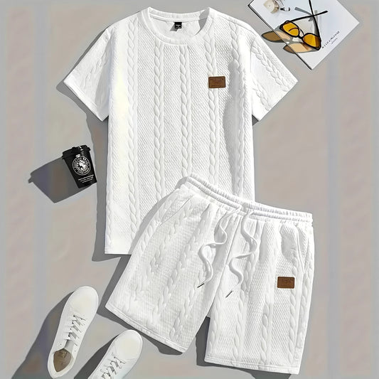 Conjunto de Dos Piezas Camiseta y Pantalón Corto Diseño de Parches en Colores Sólidos para Hombre - Image 2