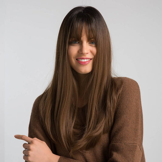 Peluca Larga Degradado Negro a Castaño - Cabello Liso Natural - Image 2