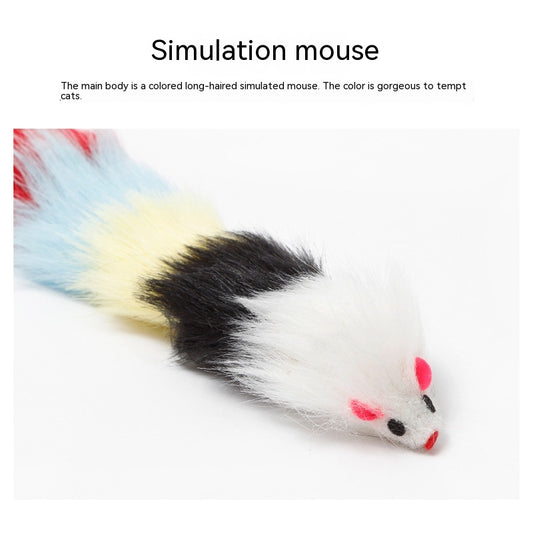 Two colorful plush mouse pet toys with segmented bodies in white, black, yellow, blue, red, and pink, on a white background. - Image 2