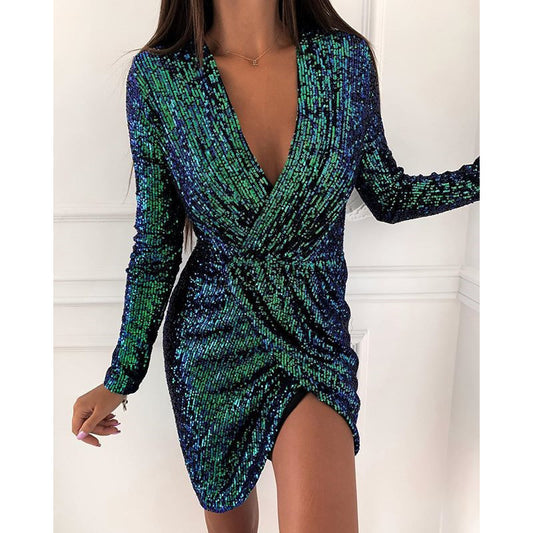 Vestido de Lentejuelas Elegante Manga Larga Escote en V - Image 2