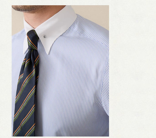 Camisa de Negocio Italiana a Rayas, Cuello Italiano, Manga Larga sin Planchado - Image 2