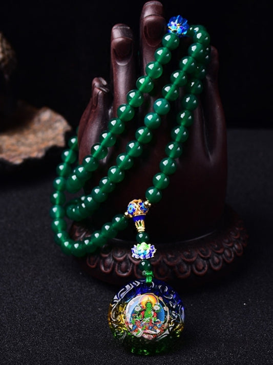 Pulsera Colgante Ágata Verde Natural 108 Círculos Múltiples Thangka - Image 2