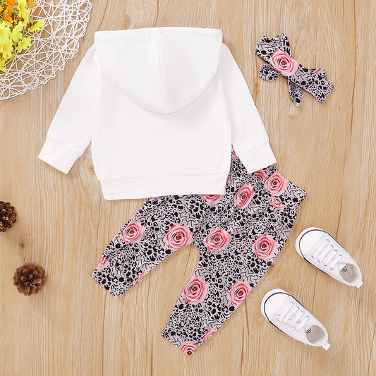 Conjunto de Sudadera con Capucha y Pantalón Blanco para Bebé con Diseño Floral - Image 2