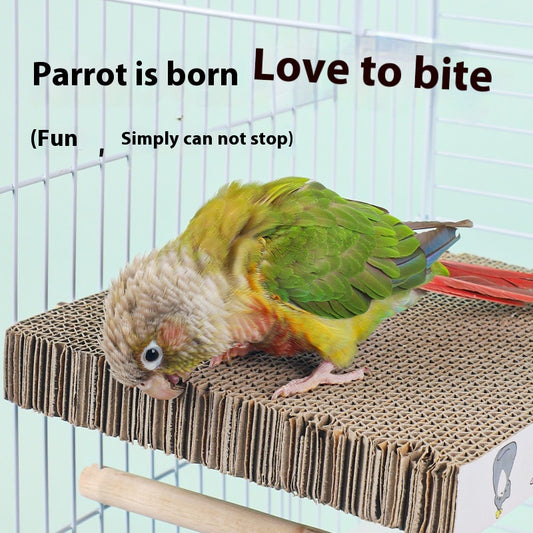 Three colorful lovebirds on a rectangular corrugated cardboard platform with screws, attached to a white bird cage. - Image 2