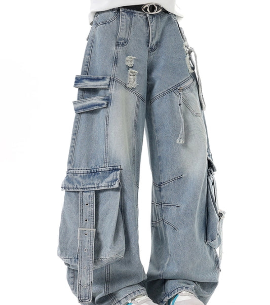 Pantalones Cargo Denim Deconstruidos Estilo Americano Unisex - Image 2