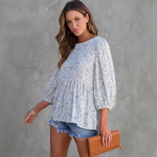 Blusa Floral Estampada con Mangas Linterna - Suelta y Cómoda para Mujer - Image 2