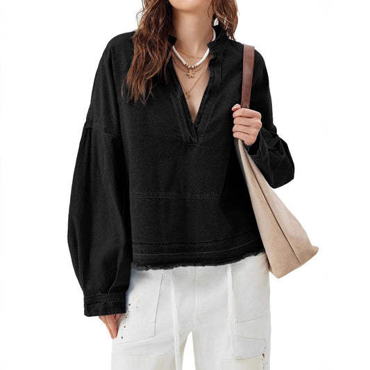 Blusa Denim Holgada de Cuello V y Manga Larga Versátil - Image 2