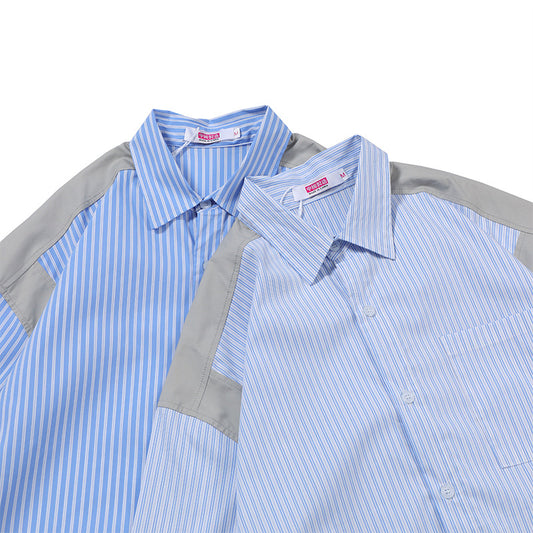 Camisa Manga Corta Azul a Rayas con Costuras de Diseño Japonés - Image 2