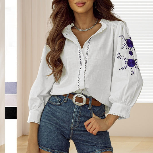 Blusa Vintage con Bordado Floral y Mangas Largas para Mujer - Image 2