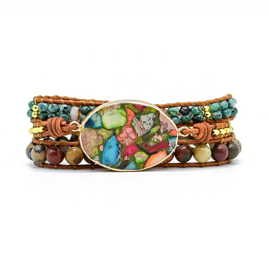 Pulsera de Cuero Natural con Piedras de Colores Combinados - Image 2