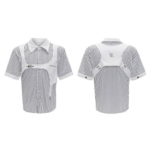 Camisa Rayada Blanco y Negro con Cuello Doble y Efecto Dos Piezas - Image 2