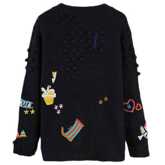 Cardigan Suelto de Punto con Bordado de Dibujos Animados para Mujer - Image 2