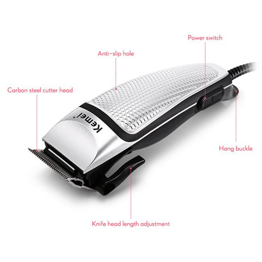 Kemei electric hair clipper kit with silver and black trimmer, four guide combs, scissors, comb, and cleaning brush. - Image 2