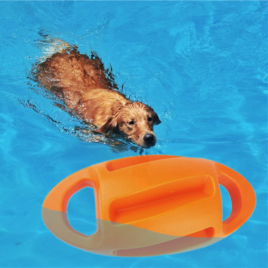 Blue TPE dog toy with an oval shape, two handles, and ridges, designed for vocal play and floating in water. - Image 2