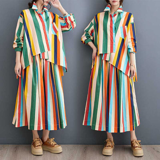 Conjunto de Falda y Blusa Artística con Rayas Irregulares y Dobladillo Amplio - Image 2