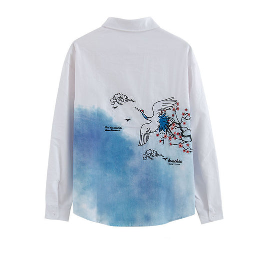 Camisa Tie Dye Bordado Grúa Estilo Chino Otoñal - Image 2
