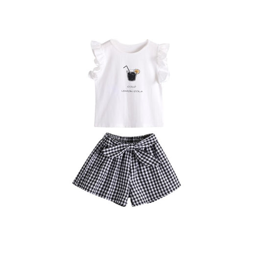 Conjunto Infantil Niña Estilo Coreano: Blusa Manga Corta y Short a Cuadros con Moño - Image 2