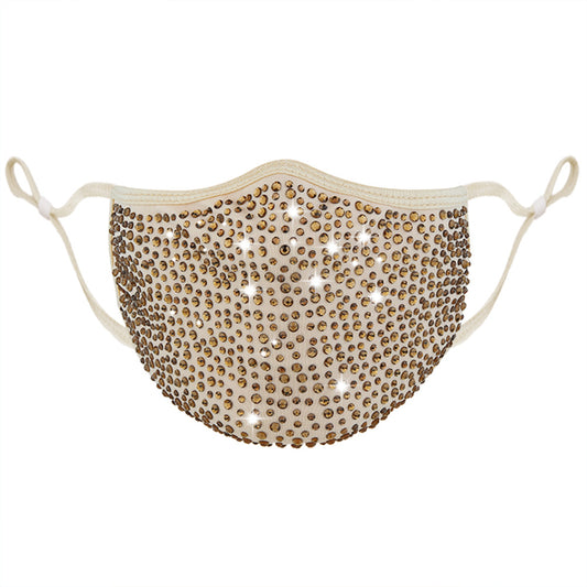 Beige fashion face mask covered in clear rhinestones with adjustable ear loops for a sparkly look. - Image 2