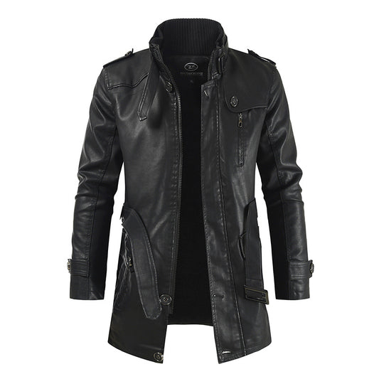 Abrigo de Cuero Largo Tipo Gabardina con Cuello Tipo Polo para Hombre Talla Grande - Image 2