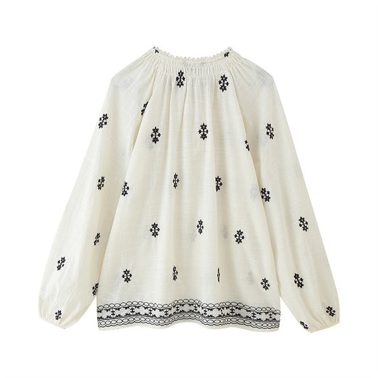 Blusa Casual Holgada con Encaje y Bordado - Manga Larga Estilo Europeo - Image 2