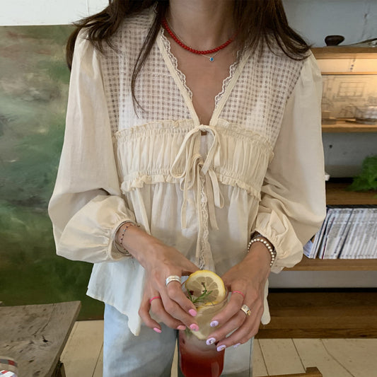 Blusa Elegante Retro con Escote V y Detalles de Malla - Diseño Holgado Versátil - Image 2