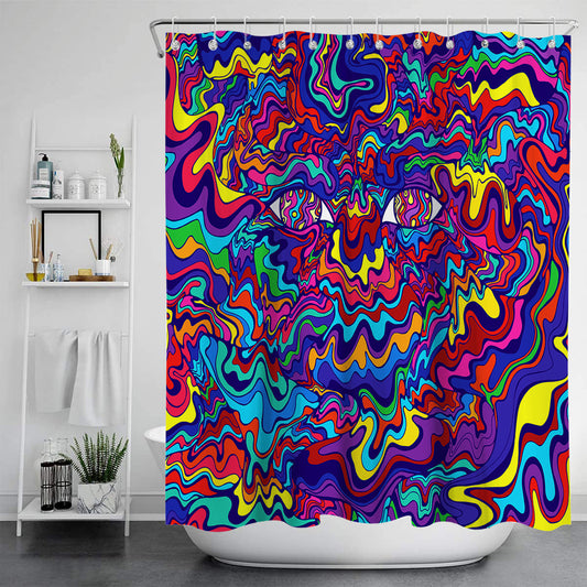 Vibrant psychedelic shower curtain with an abstract digital print featuring an elephant head and cannabis leaves in bright colors. - Image 2