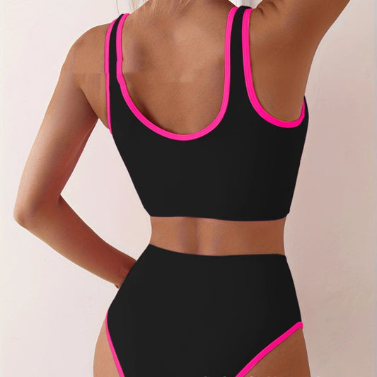 Women's backless two-piece swimsuit with a black, white, and hot pink color block design. Features a sporty top and high-waisted bottoms. - Image 2