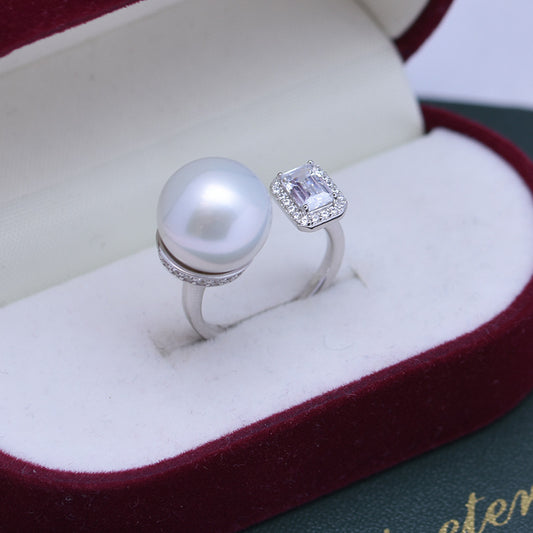 Anillo de Perla de Agua Dulce Blanca 12-13mm Plata 925 Estilo Cubo de Azúcar Ajustable - Image 2