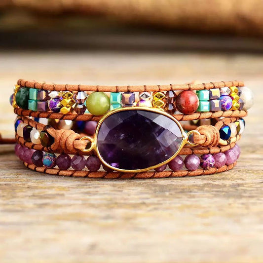 Pulsera Étnica de Cuero con Grano de Madera y Cristal - Image 2