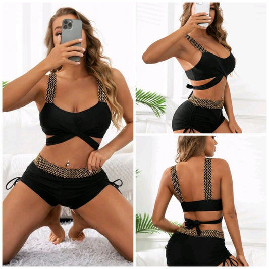 Black high-waisted bikini with gold sequin straps and waistband. Features a wrap-around top and boy short bottoms. - Image 2