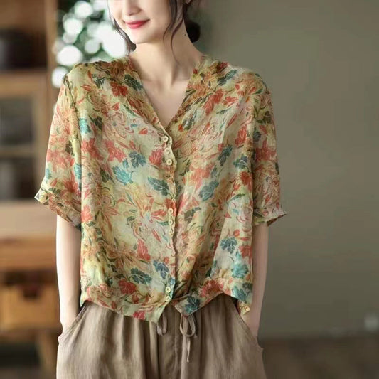 Blusa Casual Plus Size con Escote en V y Costuras Artísticas en Ramio - Image 2